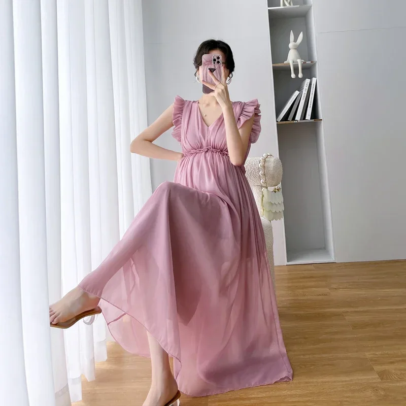 

2806# Summer Maternity Photography Dress Elegant Ruffle V Neck High Waist Slim Clothes for Pregnant Women Sexy Hot Pregnancy