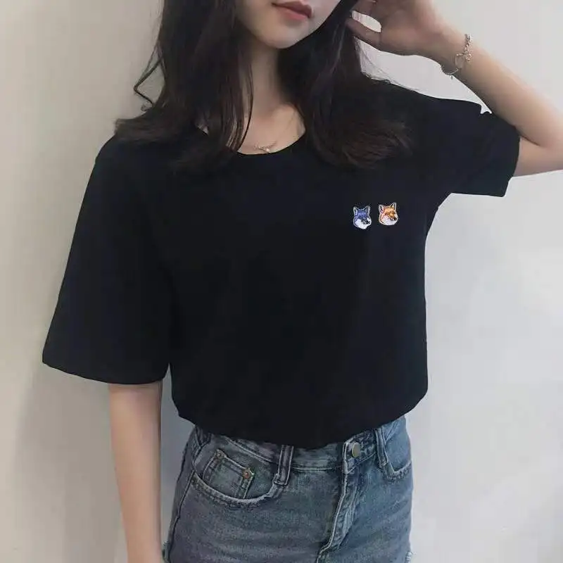 

Celebrity Same Short-Sleeved Double-Headed Fox Embroidered Cotton Round Neck All-Match Short-Sleeved Couple T-Shirt