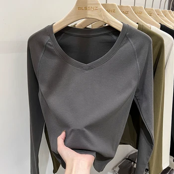 AOSSVIAO 2025 الأساسية الخامس الرقبة سليم تي شيرت مجسم المرأة الصلبة تنوعا الاتجاه كم طويل تيز الخريف الشتاء بسيط قاعدة طبقة القمم 2