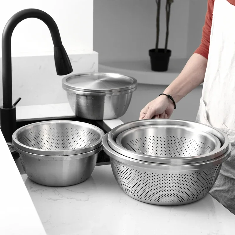304 stainless steel drain basket vegetable rice washing basin water leakage washing sieve sesame filter net fruit hole bowls Drain Basket