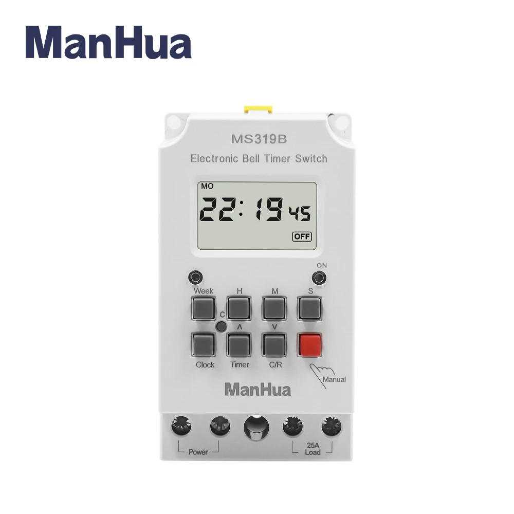 

ManHua MS319B 200-240VAC 25A 99ON Programmable Din Rail Digital Timer Switch School Bell Time Controller