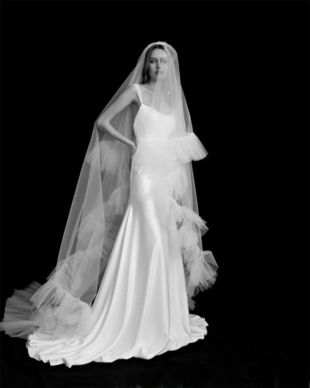 Long Ruffle Veil Bridal Veil with Blusher Bride Long 2 Tiers Puffy Ruffled Edge Soft Fluffy Wedding Veu de Noiva