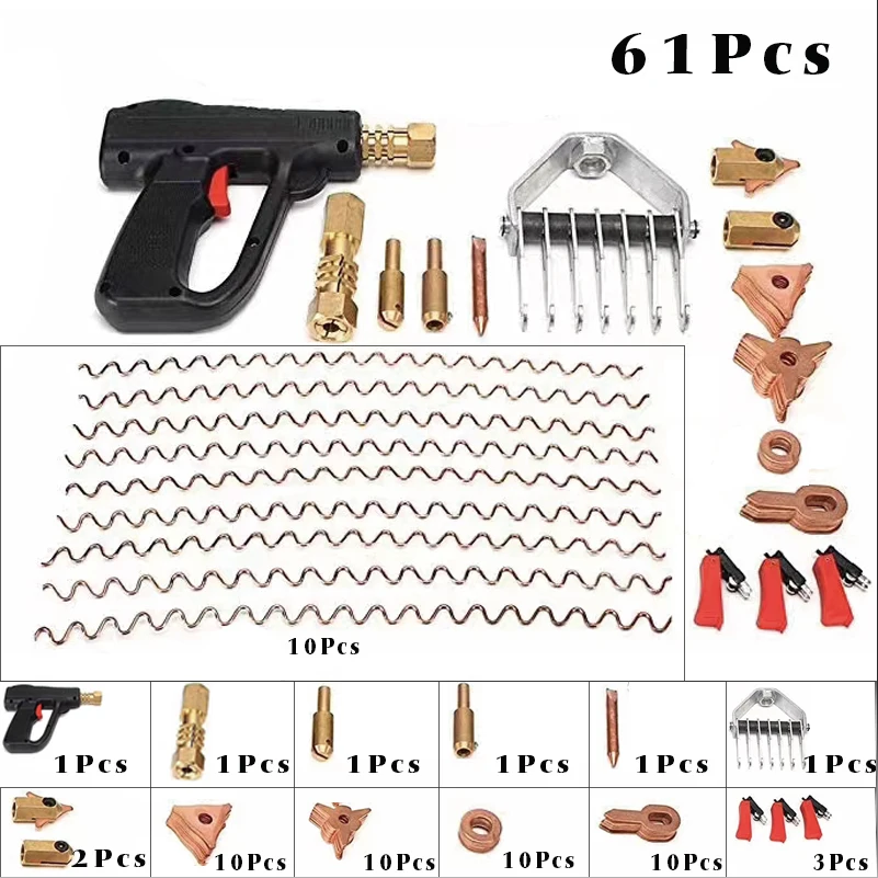 61Pcs Stud Welding Kit Accessori Straight Twisted Dent Drawing Rings Hook Washer Round Star Pad Uni Spotter Star Ter Kit