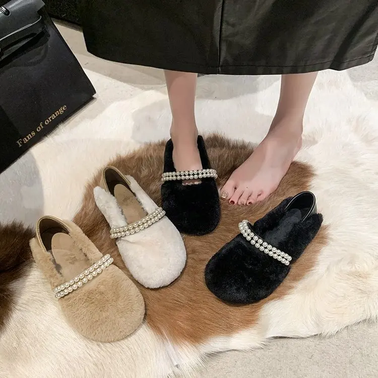 

Casual Woman Shoe Autumn Round Toe Loafers Fur Female Footwear Slip-on Pearl Decorateion Retro Fall Winter New Dress Slip On Bea