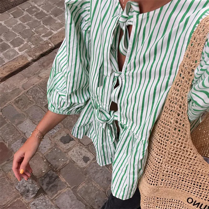 Camisas Y2K para mujer, ropa estética, elegante, color sólido/rayas, manga 3/4, cárdigan con lazo, blusa de los años 2000, ropa de calle