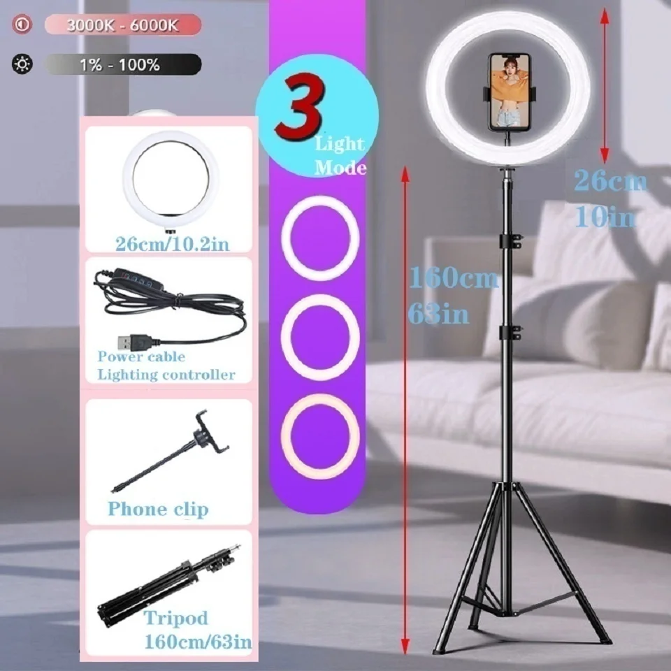 10" LED Selfie Ring Light Circle Fill Light Dimmable Round Lamp Tripod Trepied Makeup Photography RingLight Phone Stand Holder