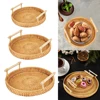 Handwoven Rattan Storage Tray Fruit Cake Wicker Basket With Handle Dinner Serving Tray Breakfast Bread Food Plate Round Shape 1
