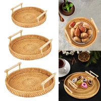 Handwoven Rattan Storage Tray Fruit Cake Wicker Basket With Handle Dinner Serving Tray Breakfast Bread Food Plate Round Shape 1