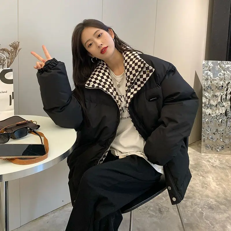 

2022 Winter Down Cotton Jacket Women's Zipper Loose Cushion Coat Women's Solid Color Thickened Warm Down Jacket Black White Coat