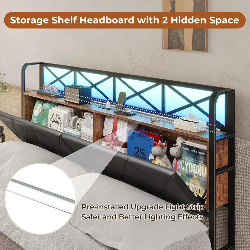 California King Bed Frame with Hidden Storage, 2 Drawers, Led Lights, Charging Station, Upholstered Headboard, Bed Frame 4