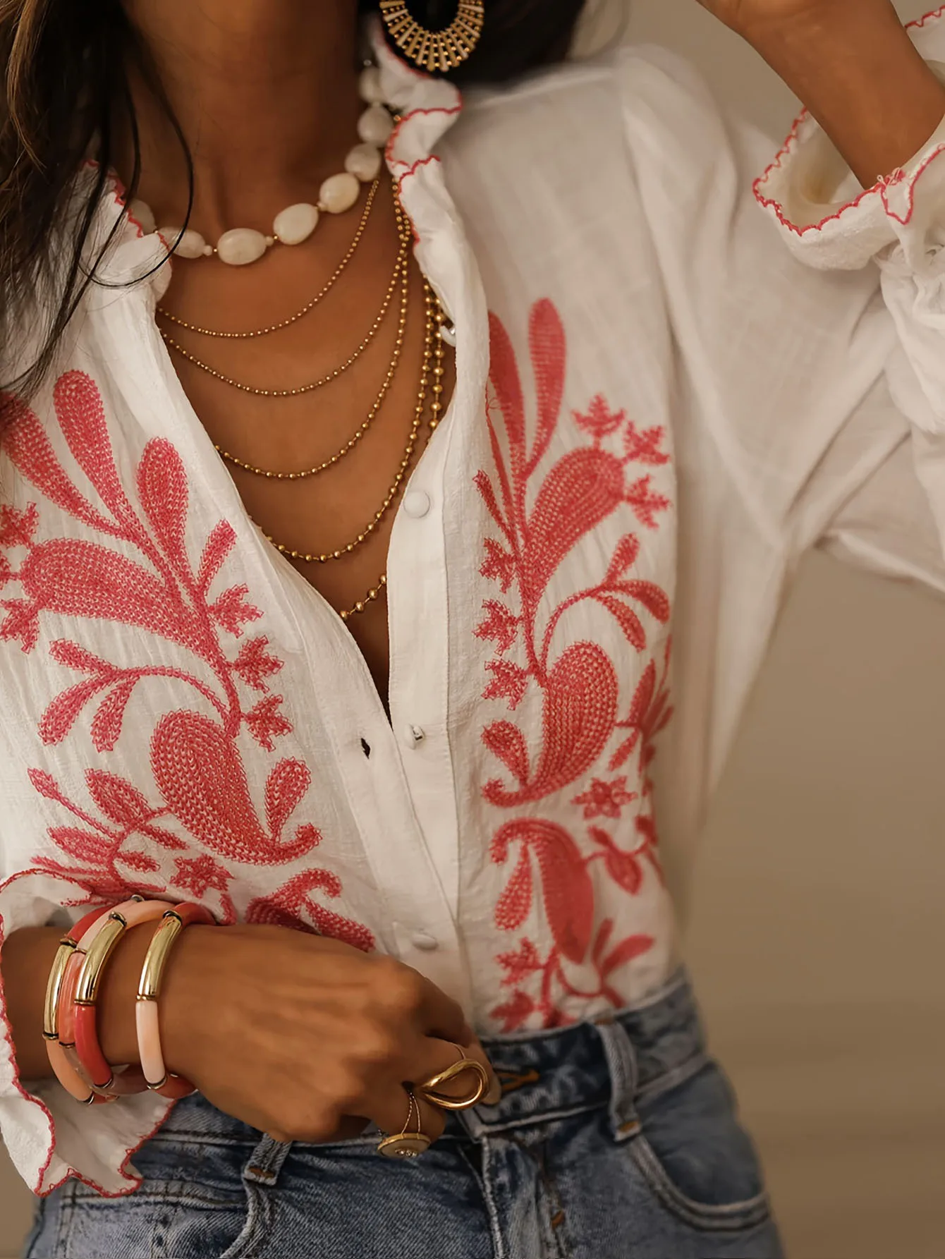 Spring and Autumn Women's Clothing New Street Style Lace V-Neck Cardigan Flared Sleeve Shirt Fashion Printed Splicing Top