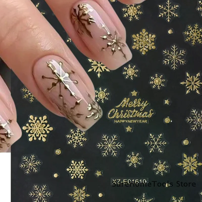 1Sheet Gold 3D Sparkling Christmas Nail Foil Stickers Snowflake Christmas Tree Snow Globe Nail Sliders for Manicure Decor