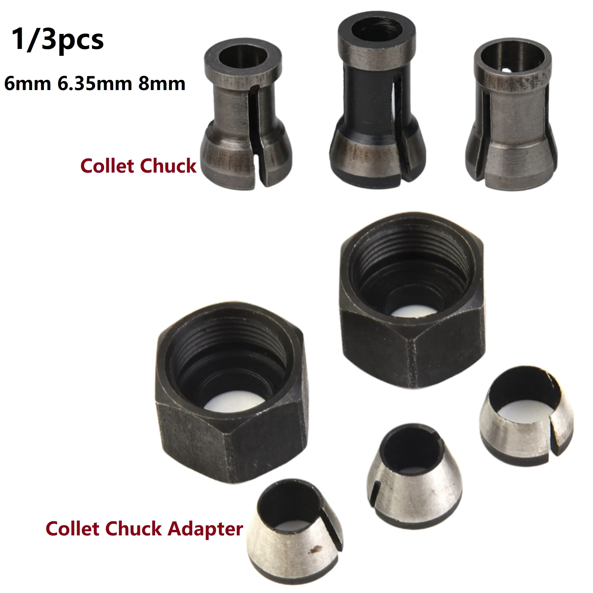 

3pcs 6mm 6.35mm 8mm Collet Chuck Adapter Carbon Steel For Engraving Trimming Machine Electric Woodworking Milling Cutter Parts