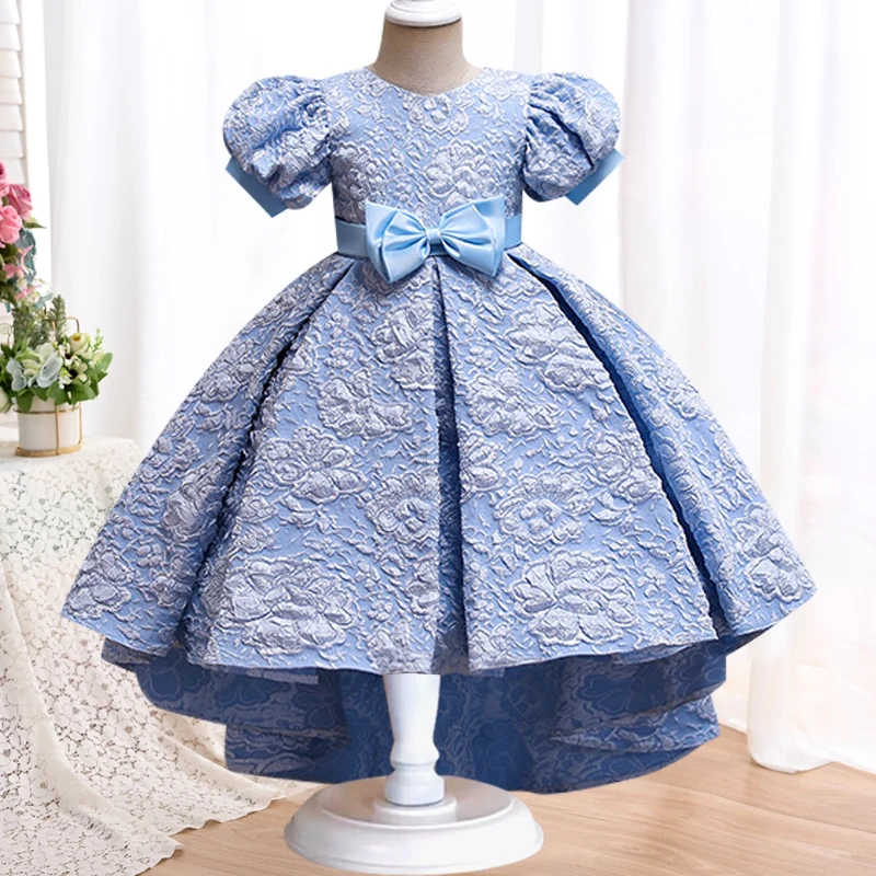

2023 New Children's Princess Dress Puff Sleeve Tail Printing Bowknot Birthday Party Piano Performance Puffy Dress