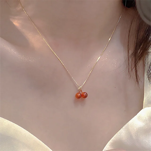Wine Red Cherry Gold Colour Pendant Necklace Earrings set For Women Personality Fashion Necklace Wedding Jewelry Birthday Gifts 5