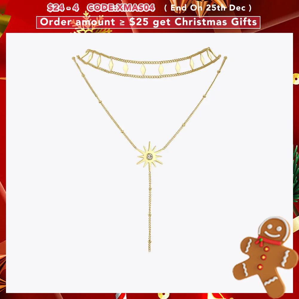 

ENFASHION Rhombus Sun Double Chain Choker Necklace Women Gold Color Stainless Steel Necklaces Fashion Jewellery Collier P203136