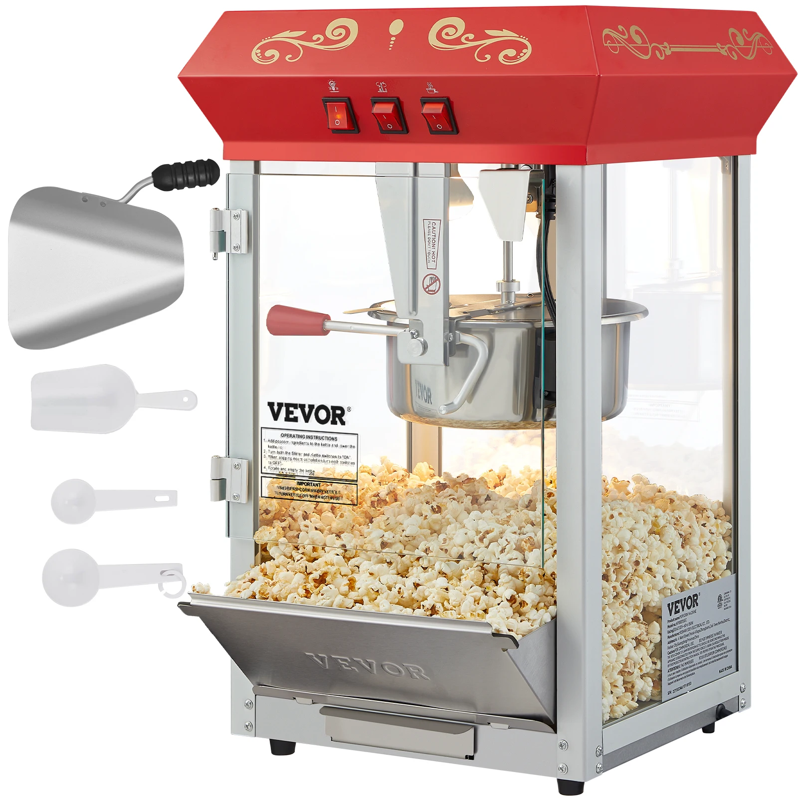 VEVOR Commercial Popcorn Machine, 8/12 Oz Kettle, Countertop Popcorn Maker ,Theater Style Popper with 3-Switch Control , Red