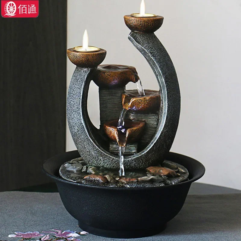 

Multifunction Indoor Water Fountain & Candle Holders with LED Lights Three Tier Soothing Cascading Tabletop Fountains Rocks