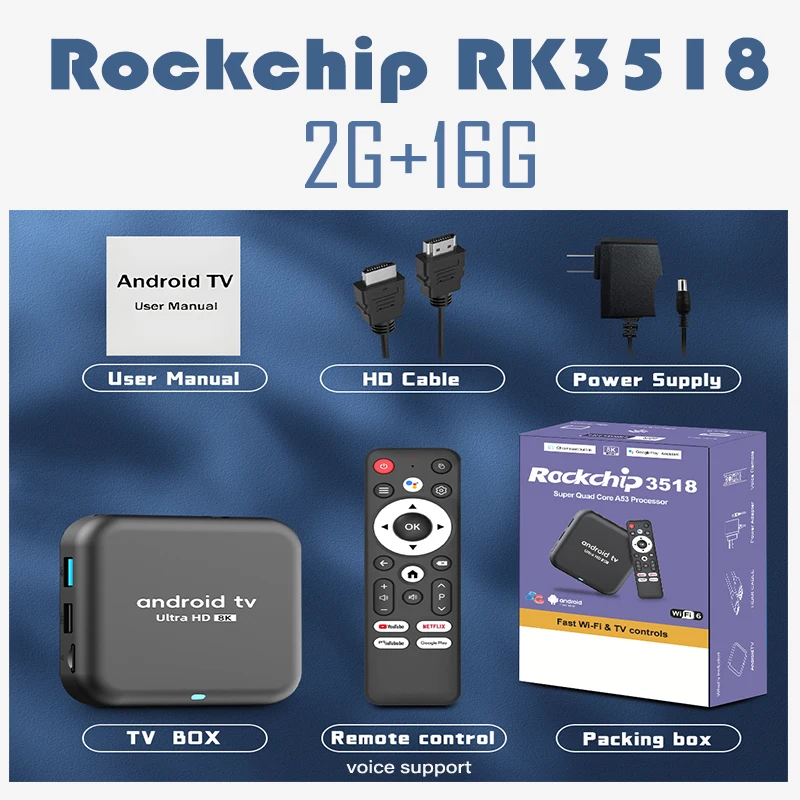 Caixa de TV Android 16.0 Rockchip RK3518 Q18, Caixa de TV Inteligente 8K, Assistente Google, Netflix, Player Multimídia, Wifi 2.4G 5G, BT5.4, 256G ATV