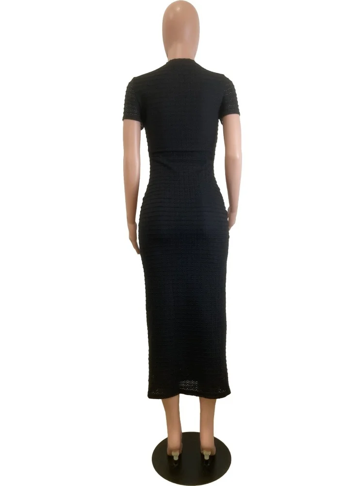 Wmstar 2025 New Women Fashionable Elegant Dress Slim Tight Knitted Short Sleeve Dress Solid Color Wrinkle O Neck One Size