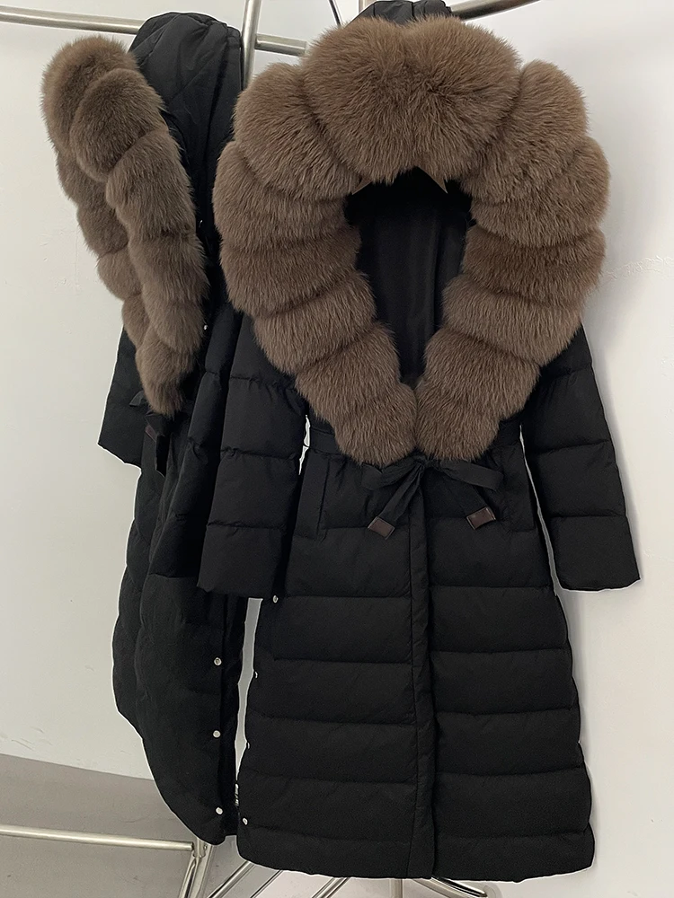 OFTBUY à capuche hiver blanc canard vers le bas manteau grand réel col de fourrure de renard x-long doudoune femmes épais femme Parkas avec ceinture