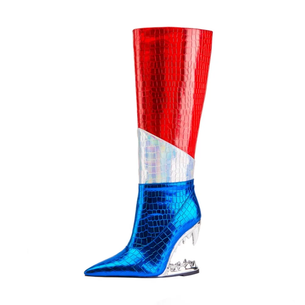

New 2024Womens Pointed Toe Crocoidle Pattern Knee Thigh Boots Strange Irregular Heel High Match Colors Patent Leather Shoes