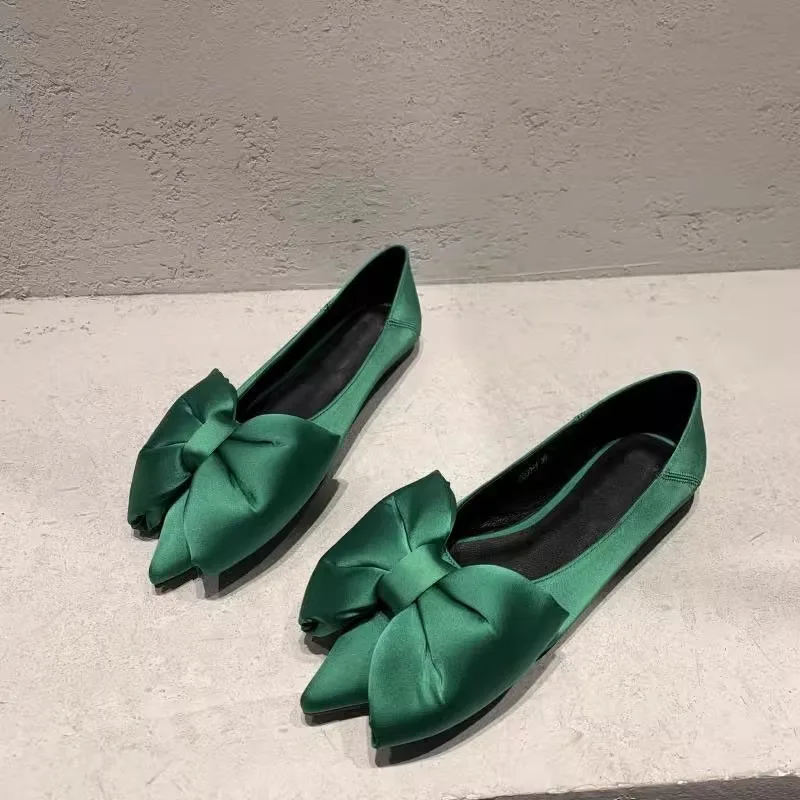Flat Shoes for Women Spring Autumn 2025 New Casual Pointed Bow Green Black Plus Size 42 43 44 Women's Shoes Ladies Loafers 2