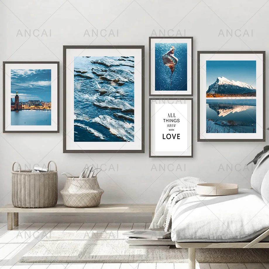 

Blue Sea Leaf Juice Boat Mountain Stone Wall Art Canvas Painting Nordic Posters And Prints Pictures For Living Room Decoration