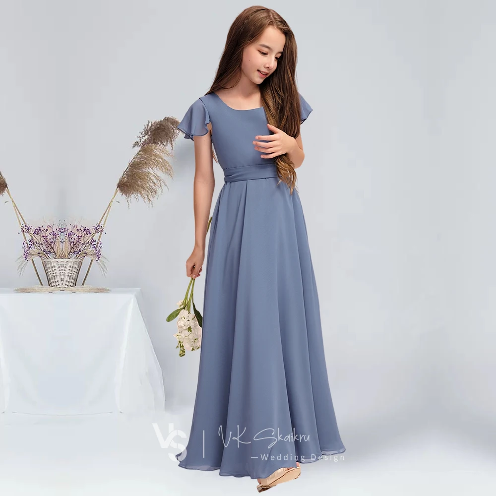 A-line Square Floor-Length Chiffon Junior Bridesmaid Dress Slate Blue Flower Girl Dress Summer Communion for Juniors