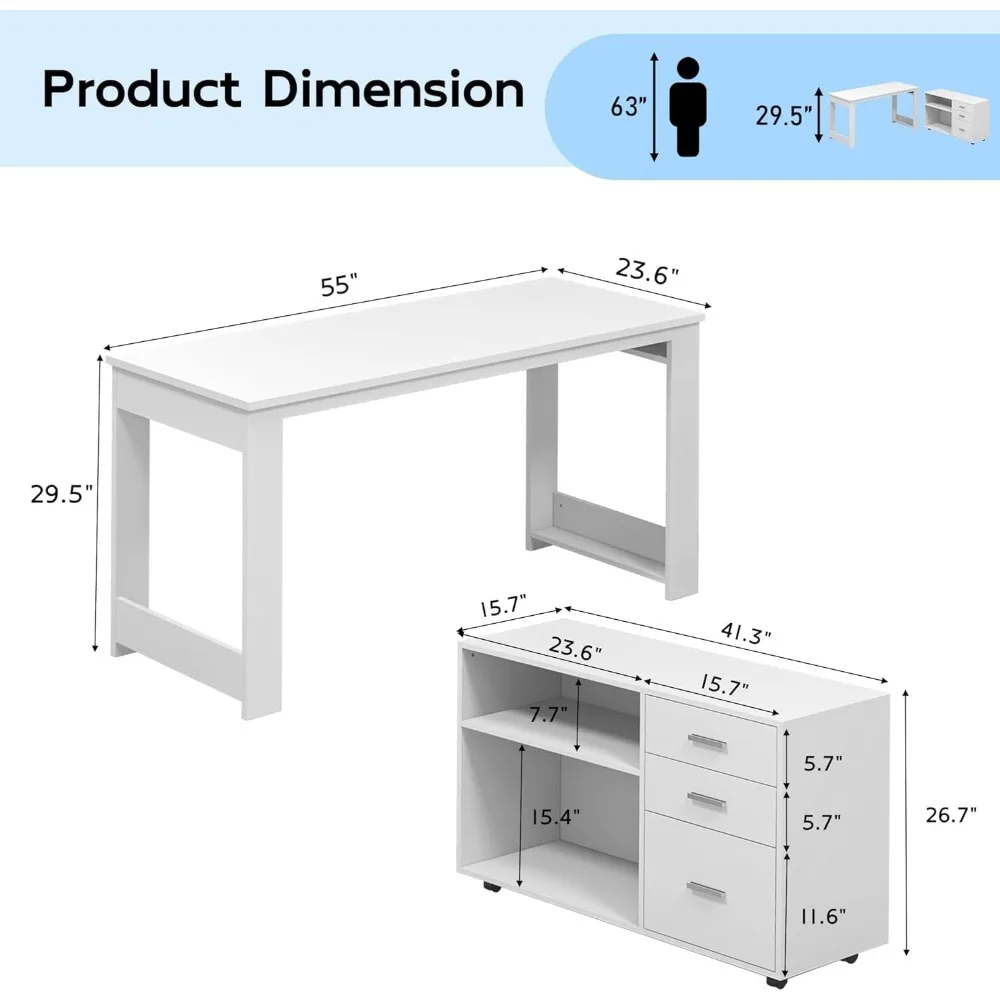 Computer Desk L Shaped, with 3 Drawers and 2 Shelves, Writing Office Table with Storage File Cabinet,with Wheels for Home Office 6
