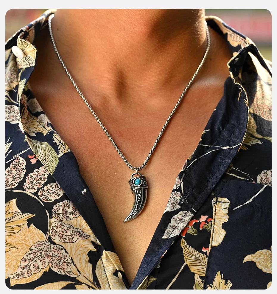 Vintage-Halskette mit Horn-Charms für Männer und Jungen, wasserfester Naturstein-Anhänger, Accessoires im ethnischen Stil, Geschenk – Detail 2