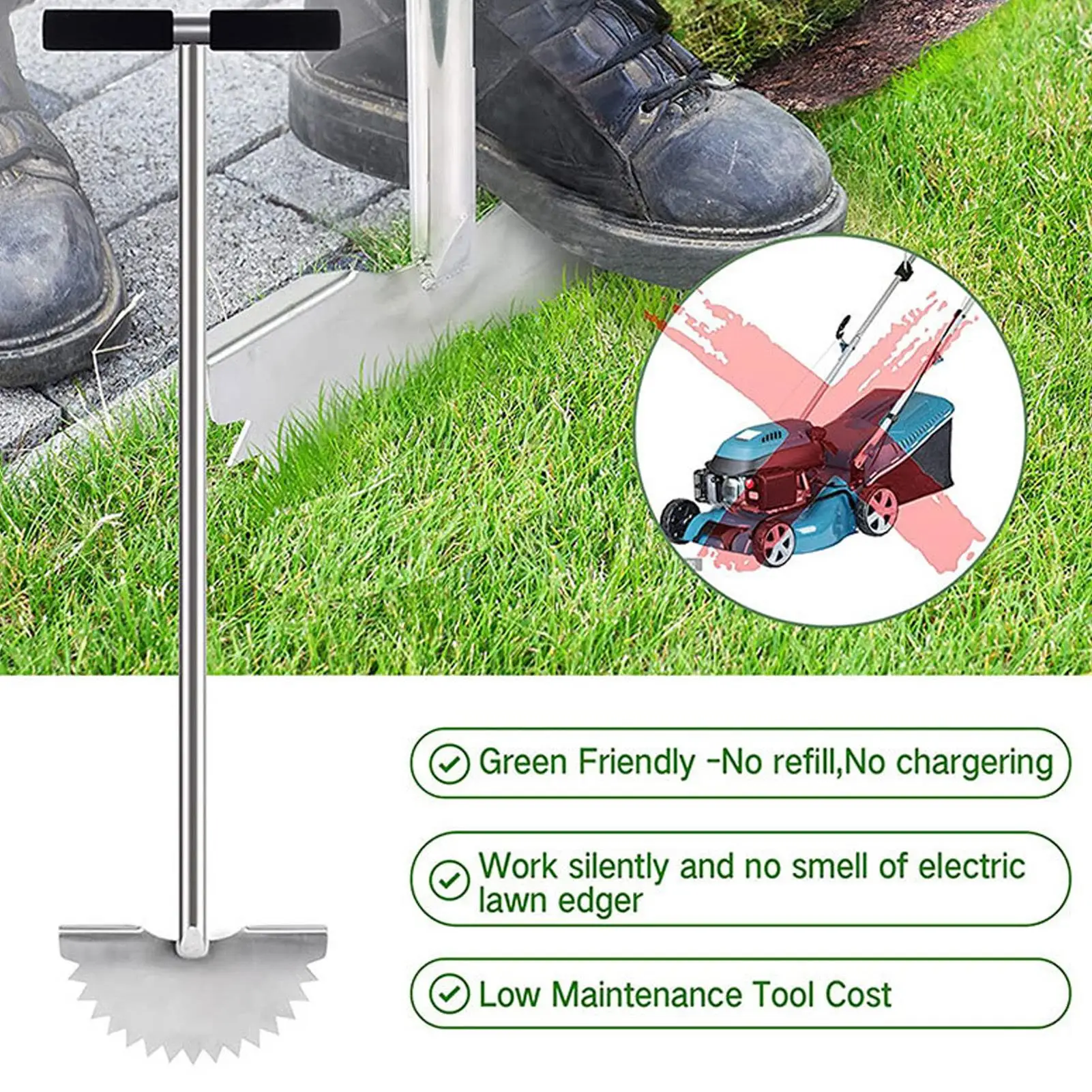Manual Lawn Edger with Saw Tooth Blade-Half Moon Tool & T Handle for Precise Sidewalk Edge for cleaning