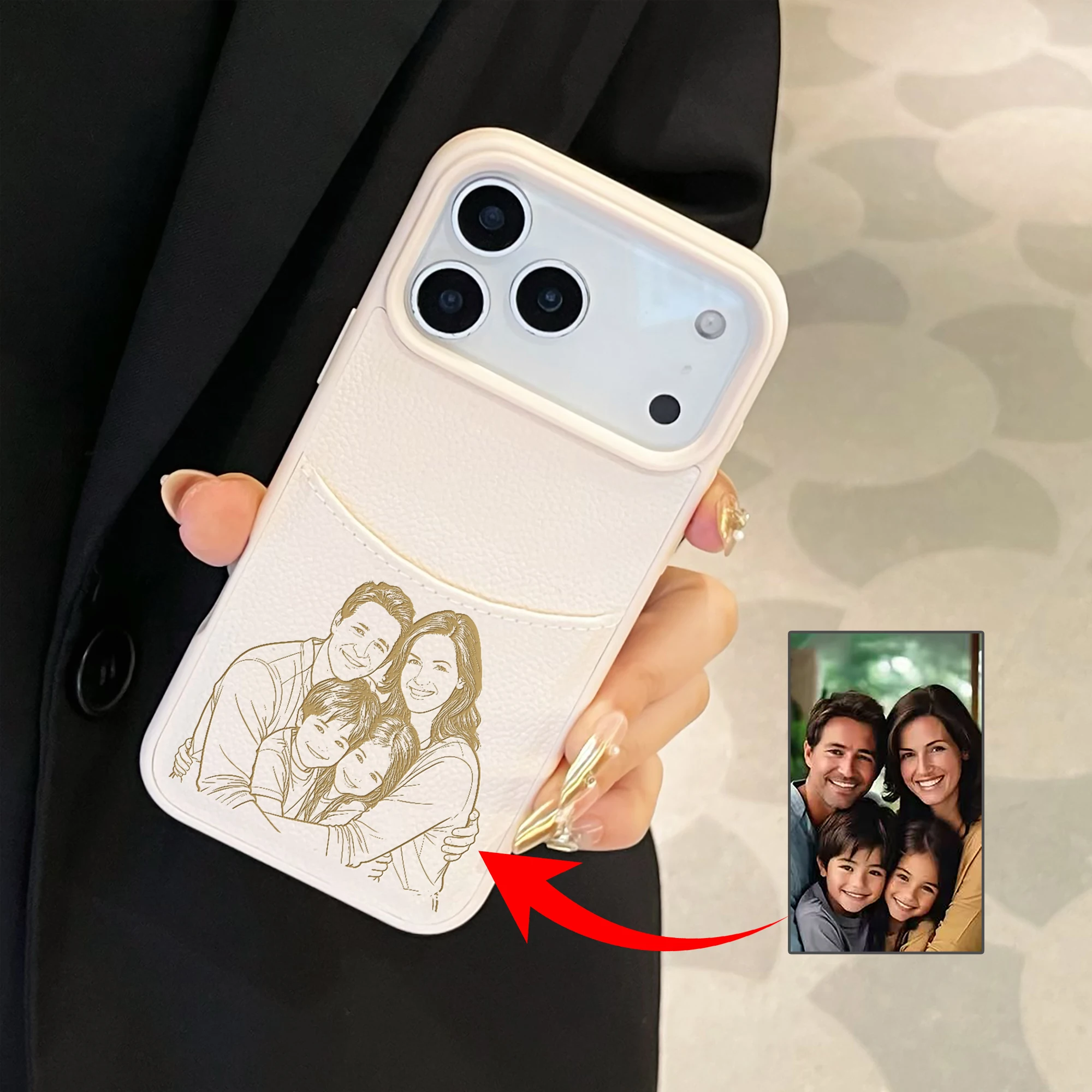 Custom Photo Sketch Lines Insertable Card Faux Leather Case for