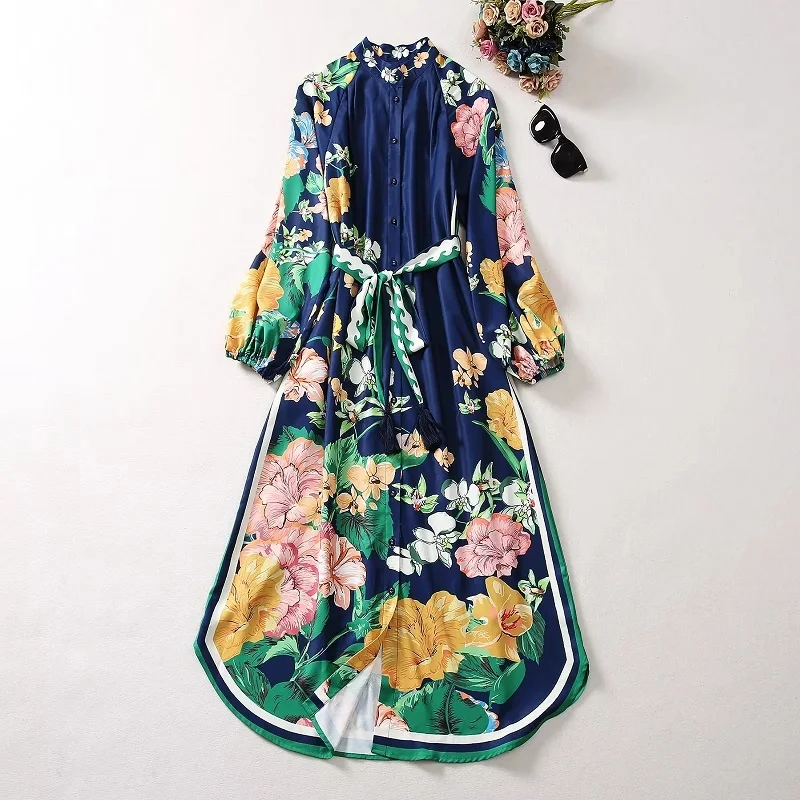 

New 2023 Autumn Long Dress High Quality Women Vintage Floral Prints Belt Patchwork Long Sleeve Casual Party Dark Blue Dress Maxi