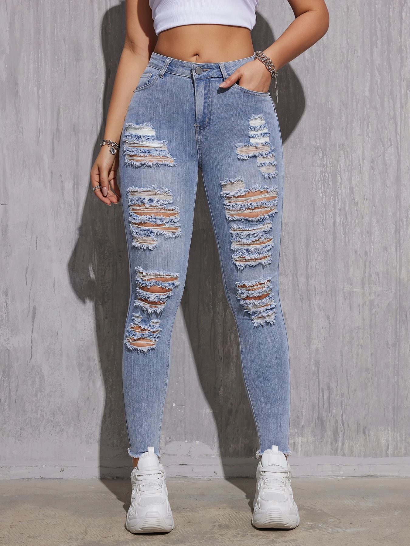 Fashion Hole Stretch Leg Pencil Jeans Women Trend Broken Holes Denim Pants Female Slim Mid Waist Button Chic Trousers