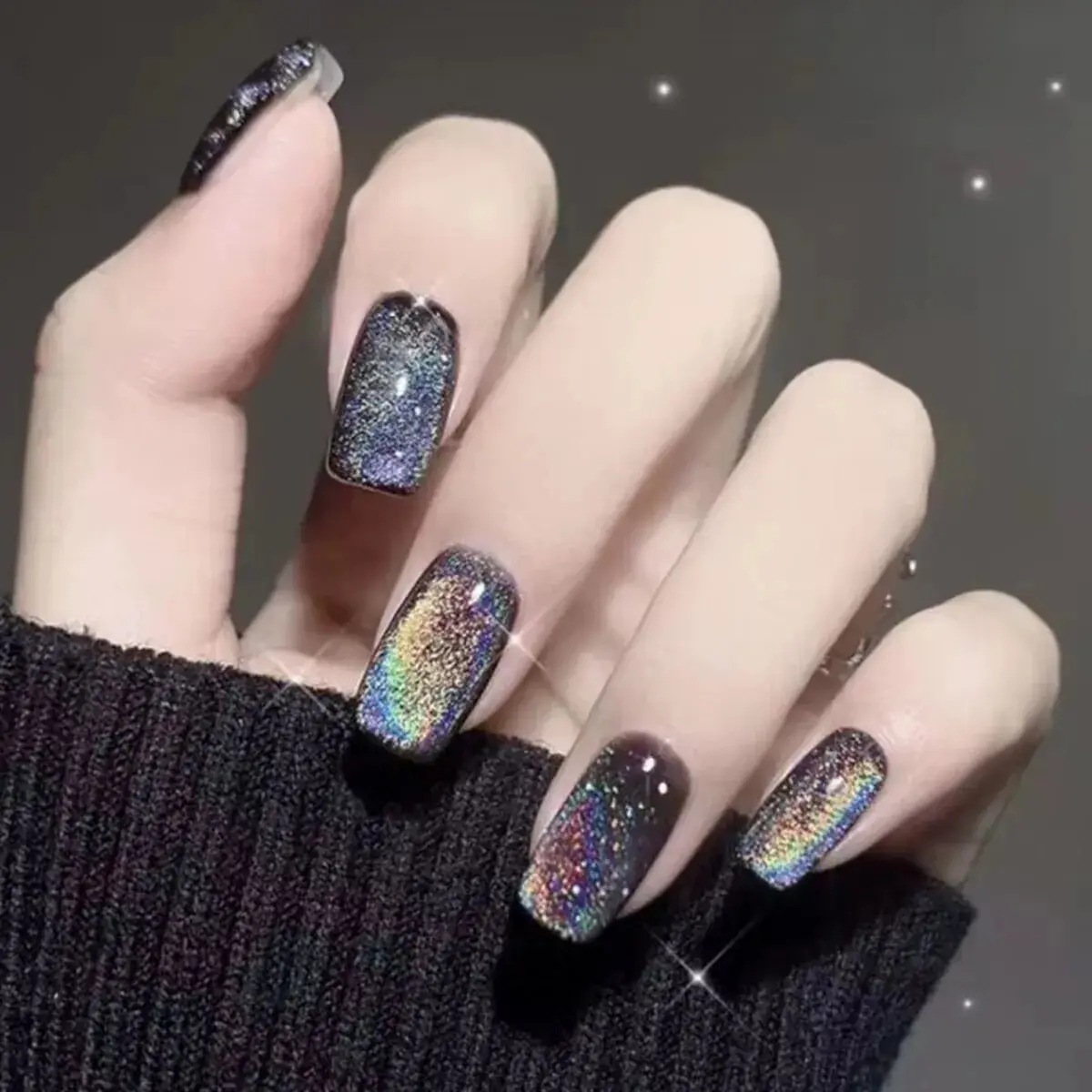 Black Long Laser Cross-border Rainbow Cat Eye Crystal Fake Nails Phototherapy Wear Manicure 24 Pieces