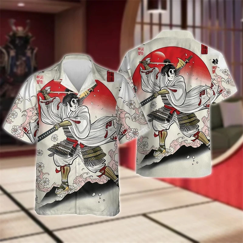 thumbnail image 1 of Camisas de guerrero japonés con estampado 3D para hombre, camisas playeras con gráficos de samurái, blusas de manga corta abotonadas a la moda para hombre, 1 of 5