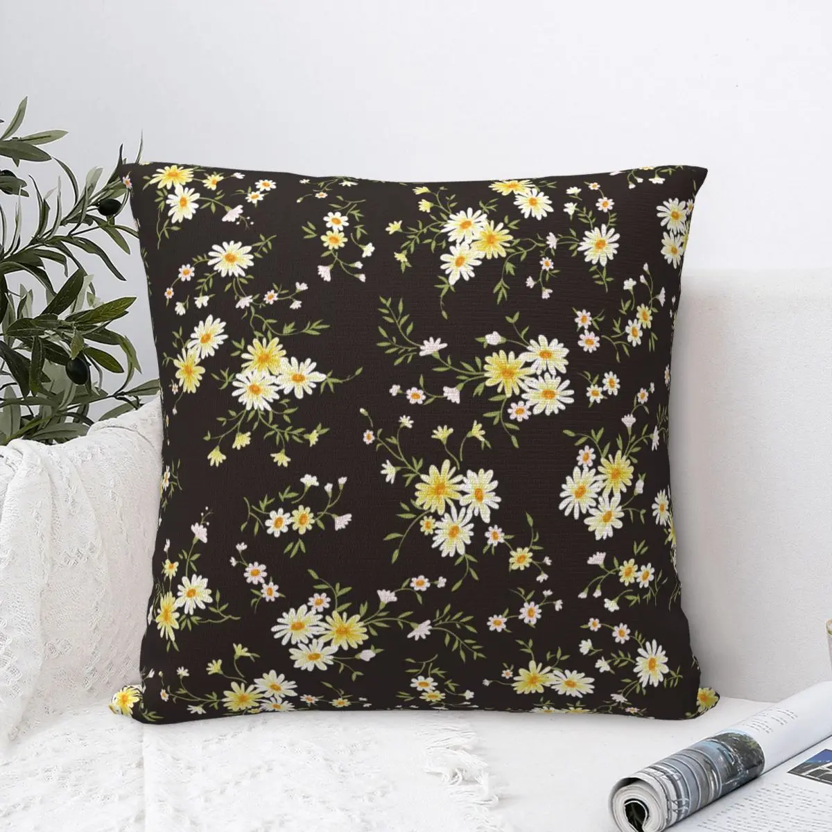 

Floral Black Flower Pillowcase Soft Polyester Cushion Cover Decoration Pillow Case Cover Home Zippered 40*40cm