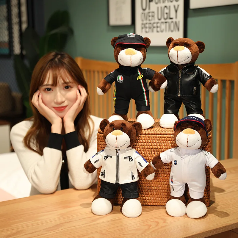 Creative Motorcycle Teddy Bear Plush Toys Stuffed Bear with Helmet Jacket Clothes Plush Dolls Soft Pillow Kids Boys Gift Present