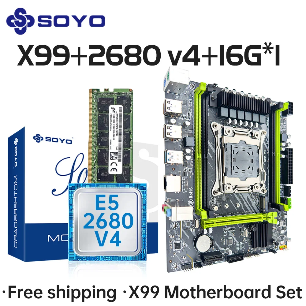 SOYO X99 Gaming Motherboard Set with Intel Xeon E5 2680 V4 CPU DDR4 16G 2133MHz RAM M.2 SATA3.0 Computer components Mainboard