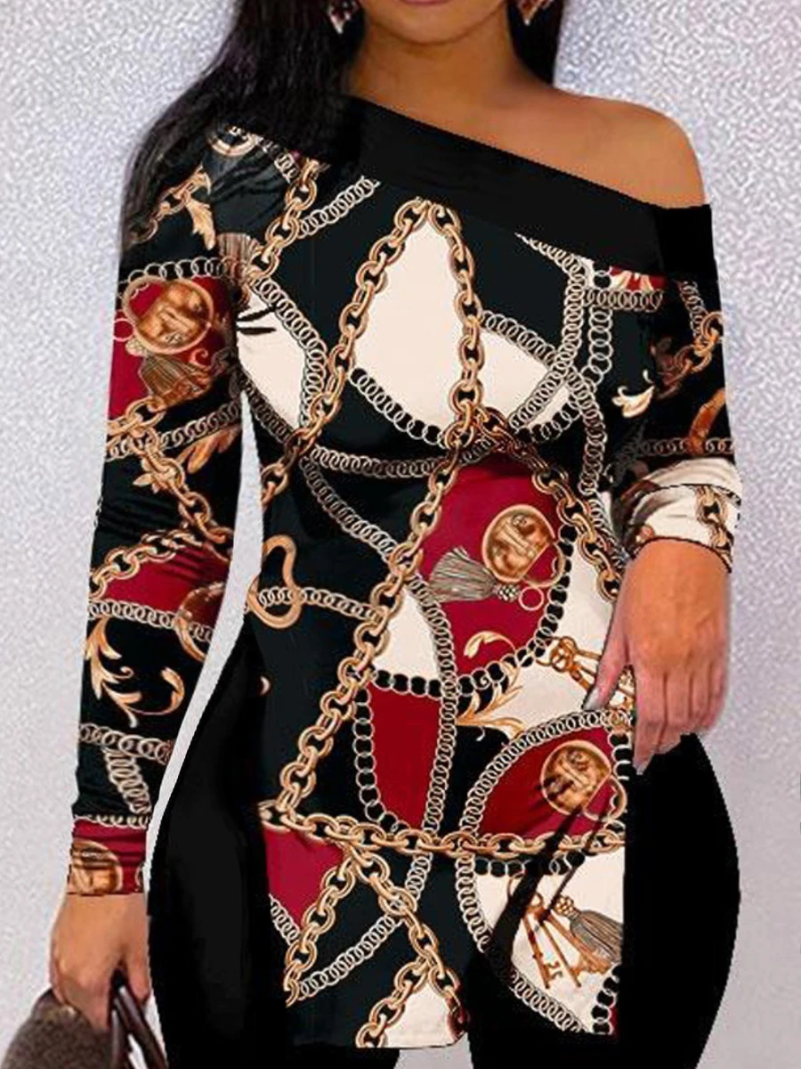 Conjunto de pantalón informal con estampado de cadena y abertura lateral para mujer, talla grande, 2025, cuello barco, manga larga, dos piezas, traje a juego