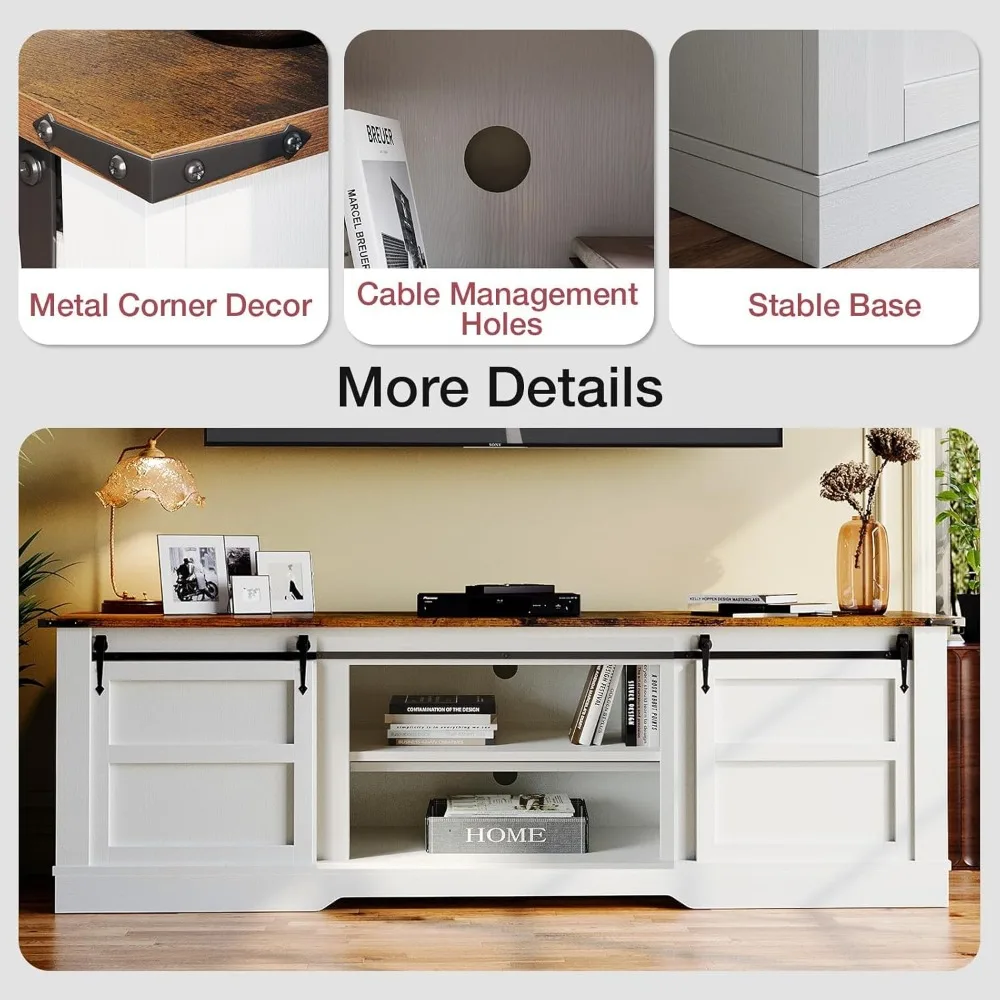 Modern Rustic Entertainment Center with Sliding Barn Door and Storage Cabinets, Metal Media TV Console,66” Farmhouse TV Stand 5