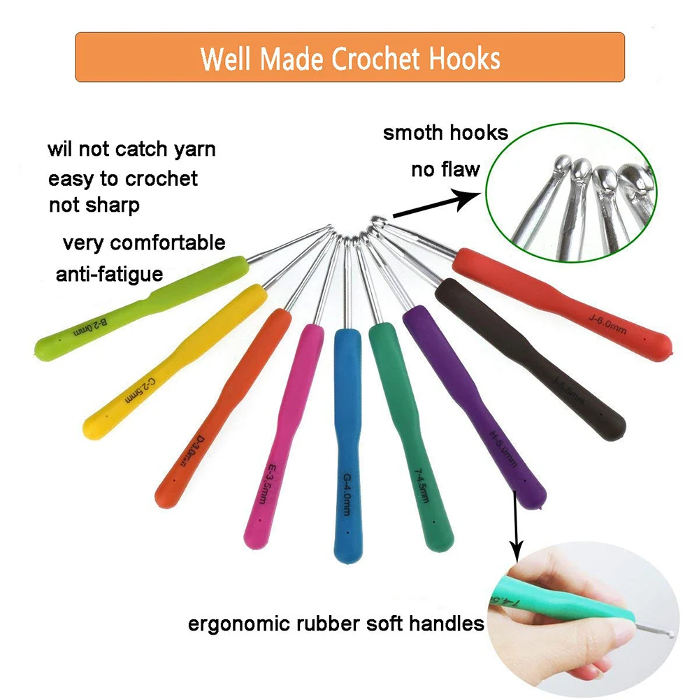 9 Pcs Crochet Hooks 2.5mm(c)-6.5mm(k), Ergonomic Crochet Hook Set For  Arthritis Colorful Longer Aluminum Shaft Crochet Needles For Crocheting,  Crochet