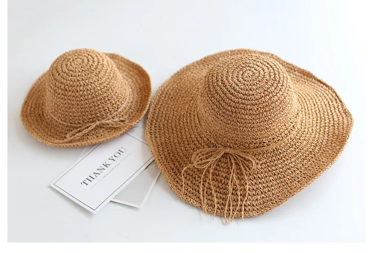 Mutter-Tochter Strand-Fischerhut Eltern-Kind Strohhut Frühling Sommer Neu Mädchen Lässiger Einfarbiger Faltbarer Breiter Rand Urlaubshüte – Detail 8