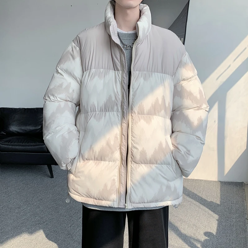 Oversize Men Jacket Winter Patchwork Stand-up Collar Printing Coat Cotton-Padded Jacket Unisex Thick Warm Vintage Fashion Parkas