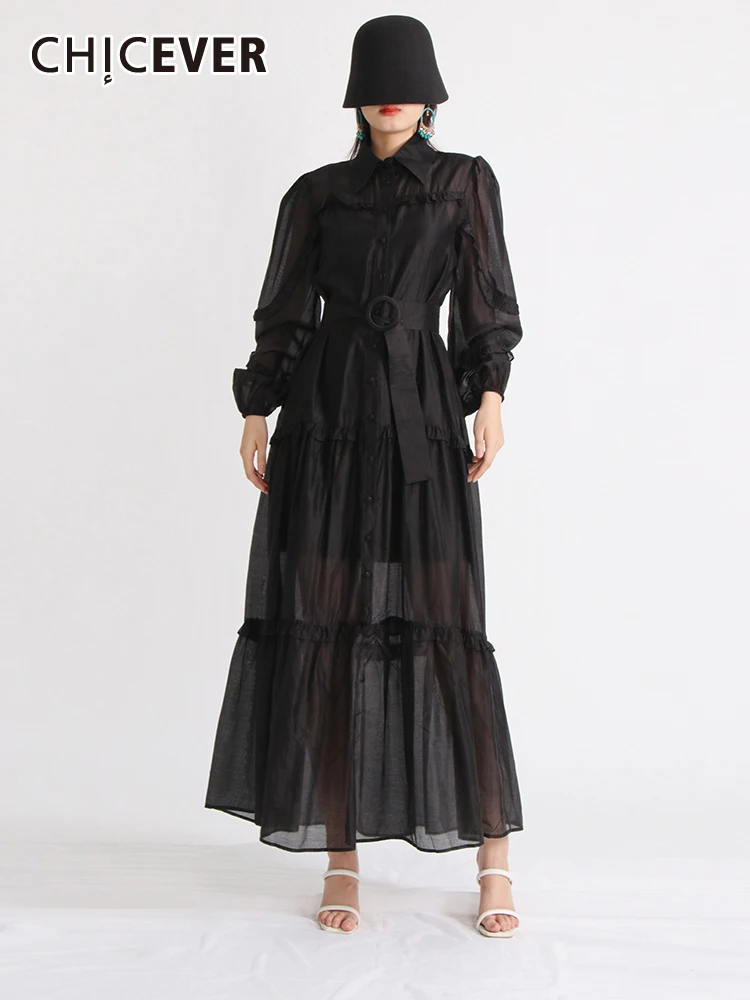 

CHICEVER Elegant Sheer Mesh Dresses For Women Lapel Long Sleeve High Waist Soliced Belt Solid Ruched Spring Maxi Dress Female