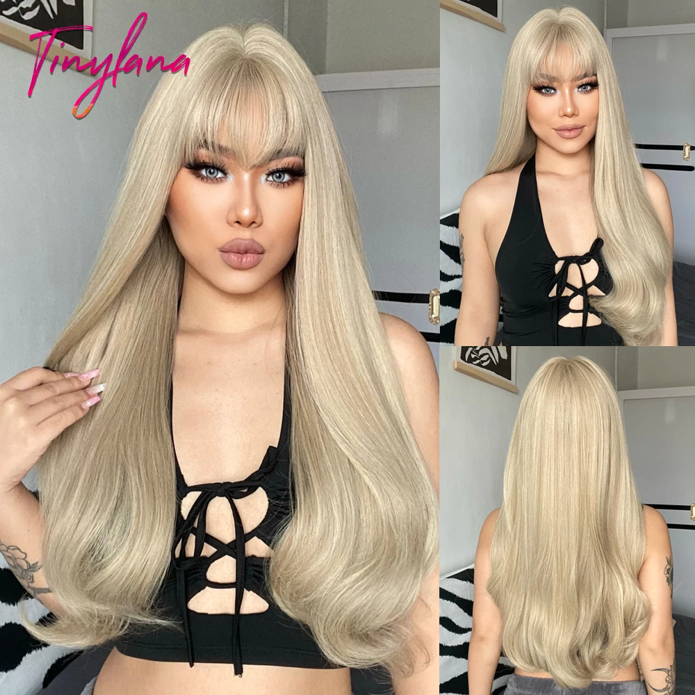 

Long Loose Wave Light Blonde Synthetic Wigs with Bangs for White Women Cosplay Natural Platinum Hair Wig Heat Resistant Fiber