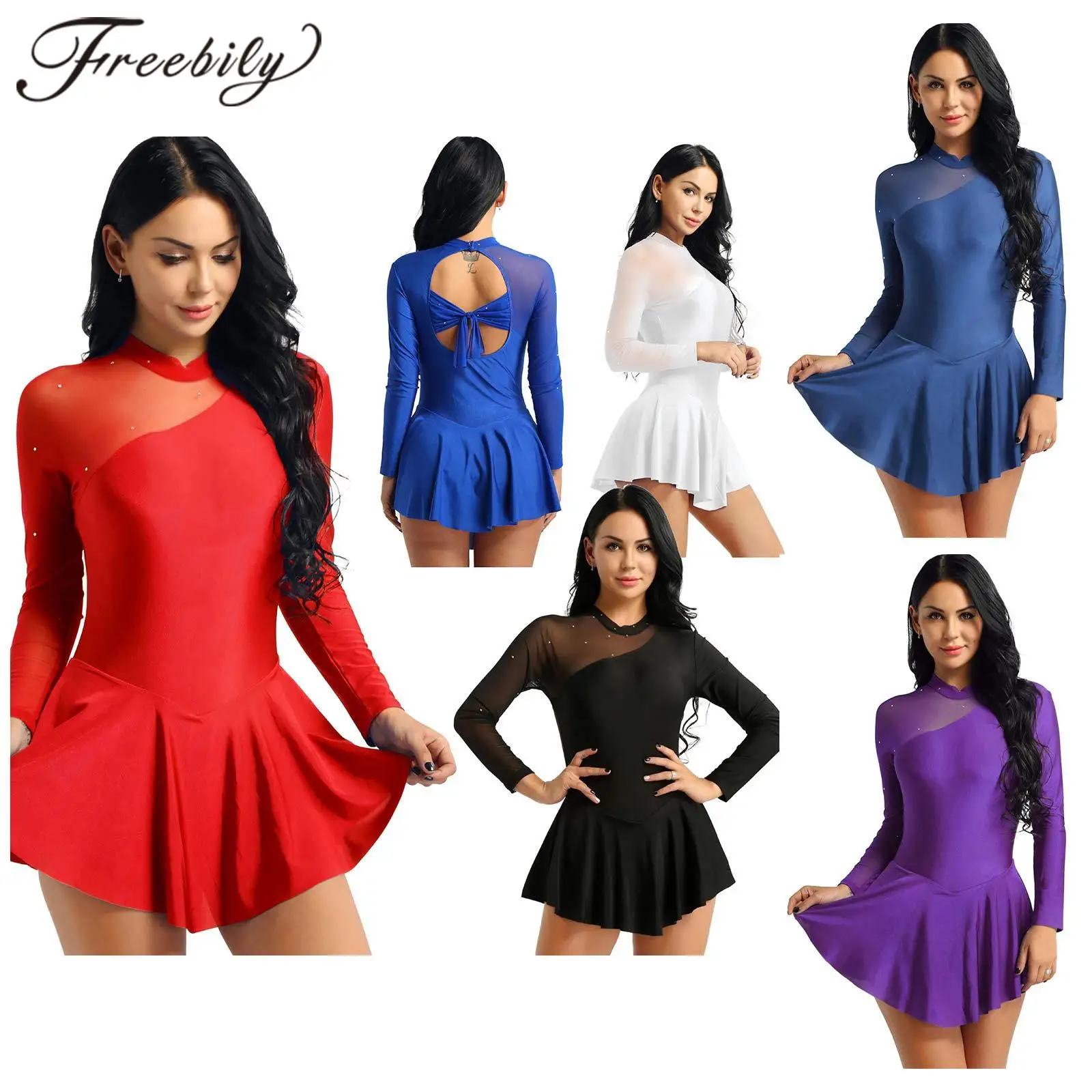 Figure Skating Dress Women Long Sleeve Tutu Ballet Dress Shiny Modern Gymnastics Leotard Performance Dance Competition Dancewear speerise women turtleneck long sleeve skirt with leotard adult ballet dance gymnastic dress scoop neck gymnastics costume 발레