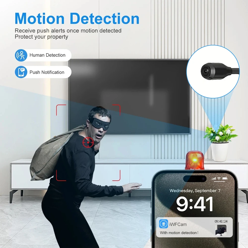 New Mini WiFi Camera HD 1080P Flexible Lens Cable 2 Way Talk Motion Detection USB Rechargeable Small Wireless WiFi Camera