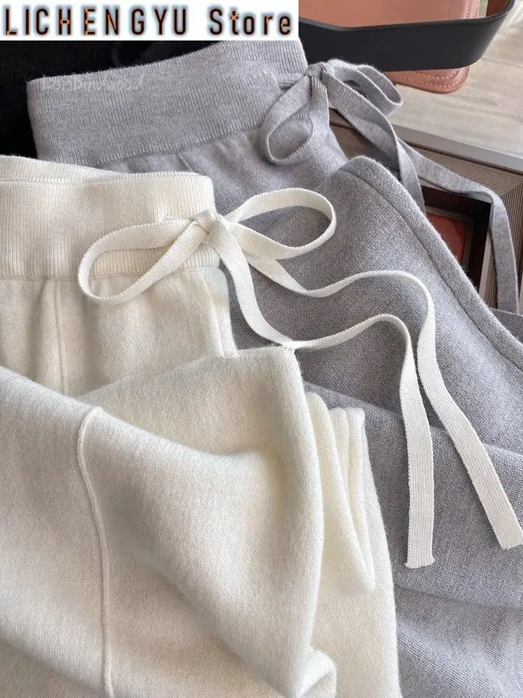 New Soft Waxy White Knit Wide-leg Pants Women's Autumn Winter Thick Wool Drop Casual Straight Floor-length Pants